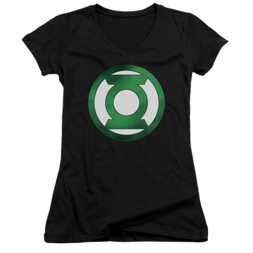 Black juniors v-neck t-shirt with Green Lantern Green Chrome Logo graphic
