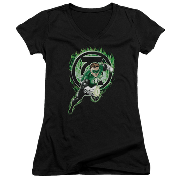 Black juniors v-neck t-shirt with Green Lantern Space Cop graphic