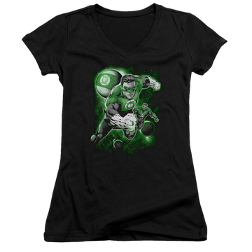 Black juniors v-neck t-shirt with Green Lantern Lantern Planet graphic