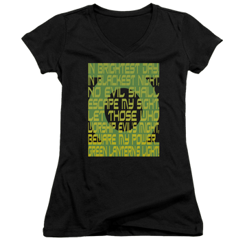 Black juniors v-neck t-shirt with Green Lantern Oath graphic