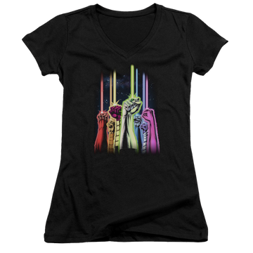 Black juniors v-neck t-shirt with Green Lantern Rainbow Corps graphic