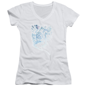 White juniors v-neck t-shirt with Green Lantern White Lantern Sinestro graphic