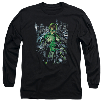 Black men's long sleeve t-shirt with Green Lantern Surrounded By Death graphic
