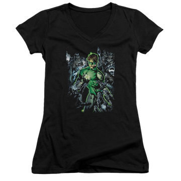 Black juniors v-neck t-shirt with Green Lantern Surrounded By Death graphic