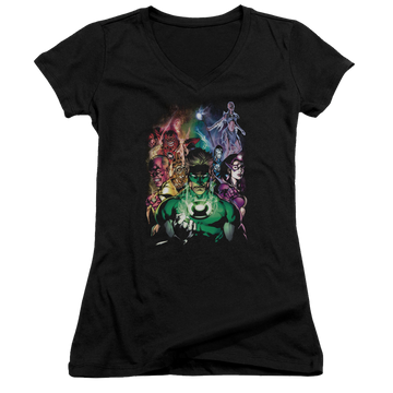 Black juniors v-neck t-shirt with Green Lantern The New Guardians graphic