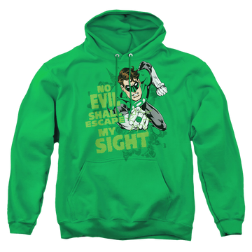 Kelly green pullover hoodie with Green Lantern No Evil graphic