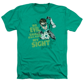 Kelly green men's heather t-shirt with Green Lantern No Evil graphic