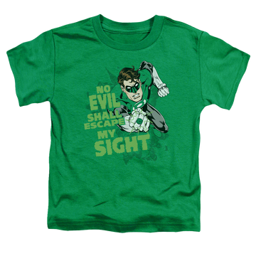 Kelly green kid's t-shirt for ages 4 to 7 with Green Lantern No Evil graphic