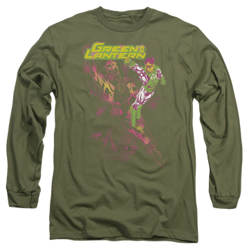 Military green men's long sleeve t-shirt with Green Lantern Lantern Spray graphic