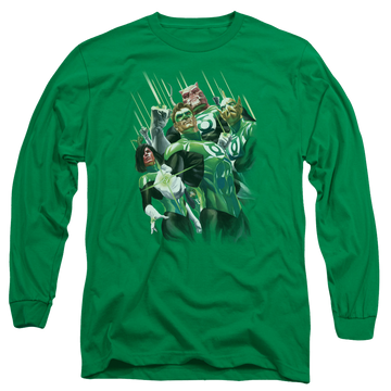Kelly green men's long sleeve t-shirt with Green Lantern Power Of The Rings graphic