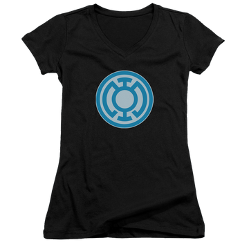 Black juniors v-neck t-shirt with Green Lantern Blue Symbol graphic