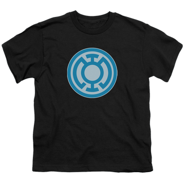 Black youth t-shirt for ages 8 to 12 with Green Lantern Blue Symbol graphic
