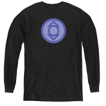 Black youth long sleeve t-shirt with Green Lantern Indigo Symbol graphic