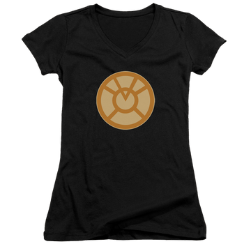Black juniors v-neck t-shirt with Green Lantern Orange Symbol graphic
