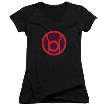 Black juniors v-neck t-shirt with Green Lantern Red Symbol graphic