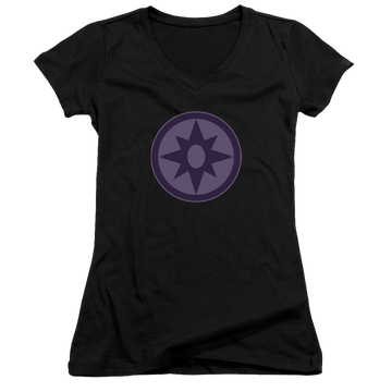 Black juniors v-neck t-shirt with Green Lantern Sapphire Symbol graphic