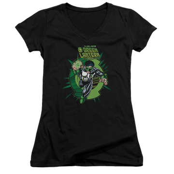Black juniors v-neck t-shirt with Green Lantern Rayner Cover graphic