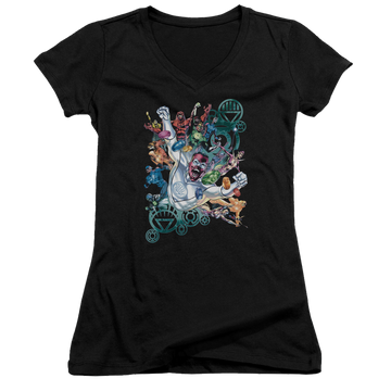 Black juniors v-neck t-shirt with Green Lantern Lanterns Unite graphic