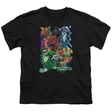 Black youth t-shirt for ages 8 to 12 with Green Lantern Blackest Group graphic