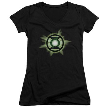 Black juniors v-neck t-shirt with Green Lantern Green Glow graphic