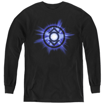 Black youth long sleeve t-shirt with Green Lantern Indigo Glow graphic
