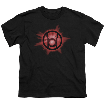 Black youth t-shirt for ages 8 to 12 with Green Lantern Red Glow graphic