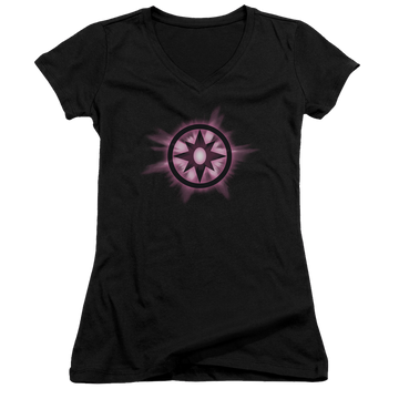 Black juniors v-neck t-shirt with Green Lantern Sapphire Glow graphic
