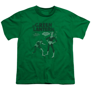 Kelly green youth t-shirt for ages 8 to 12 with Green Lantern Perilous Traps graphic