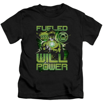 Black kid's t-shirt for ages 4 to 7 with Green Lantern Fueled graphic