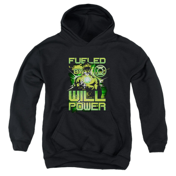 Black youth hoodie for ages 8 to 12 with Green Lantern Fueled graphic