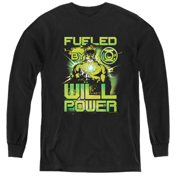 Black youth long sleeve t-shirt with Green Lantern Fueled graphic