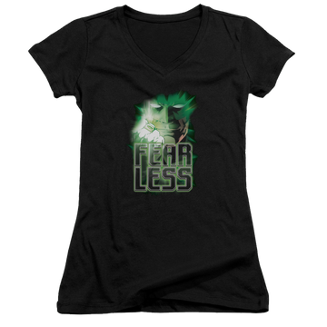 Black juniors v-neck t-shirt with Green Lantern Fearless graphic
