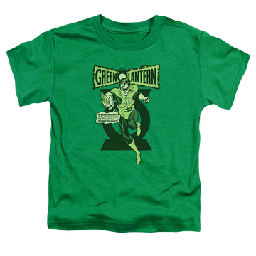 Kelly green kid's t-shirt for ages 4 to 7 with Green Lantern Retro Oath graphic