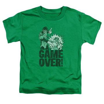 Kelly green kid's t-shirt for ages 4 to 7 with Green Lantern Game Over graphic