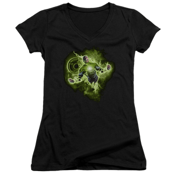 Black juniors v-neck t-shirt with Green Lantern Lantern Nebula graphic