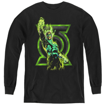 Black youth long sleeve t-shirt with Green Lantern Fully Charged graphic