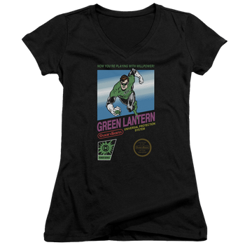 Black juniors v-neck t-shirt with Green Lantern Box Art graphic