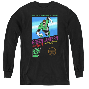 Black youth long sleeve t-shirt with Green Lantern Box Art graphic