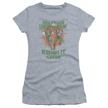 Athletic heather juniors t-shirt with Green Lantern Keeping It Green graphic