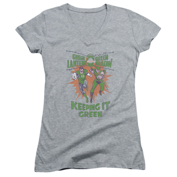 Athletic heather juniors v-neck t-shirt with Green Lantern Keeping It Green graphic