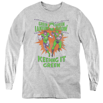 Athletic heather youth long sleeve t-shirt with Green Lantern Keeping It Green graphic
