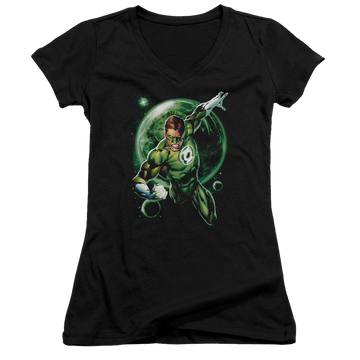 Black juniors v-neck t-shirt with Green Lantern Galaxy Glow graphic