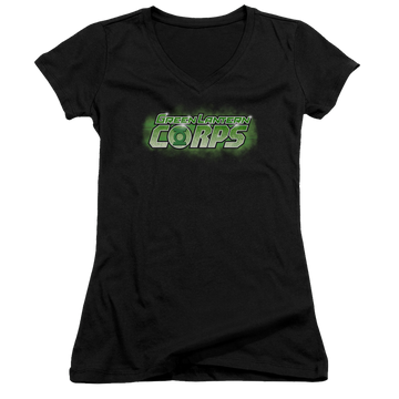 Black juniors v-neck t-shirt with Green Lantern Gl Corps Title graphic