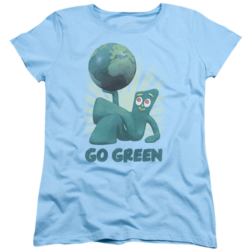 Light blue women's t-shirt with Gumby Go Green graphic