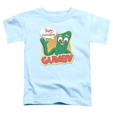 Light blue kid's t-shirt for ages 4 to 7 with Gumby Fun & Flexible graphic