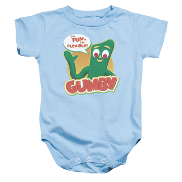 Light blue baby bodysuit with Gumby Fun & Flexible graphic