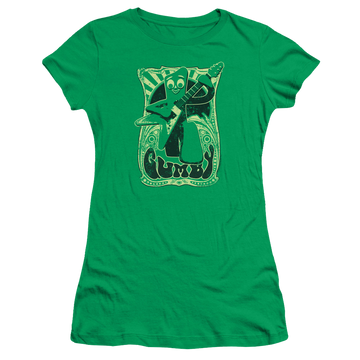 Kelly green juniors t-shirt with Gumby Vintage Rock Poster graphic