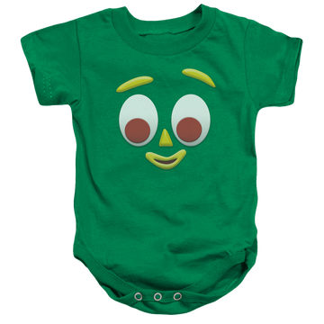 Kelly green baby bodysuit with Gumby Gumbme graphic