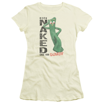 Cream juniors t-shirt with Gumby Buck Naked graphic