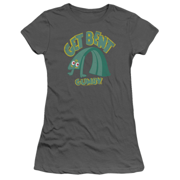 Charcoal juniors t-shirt with Gumby Get Bent graphic